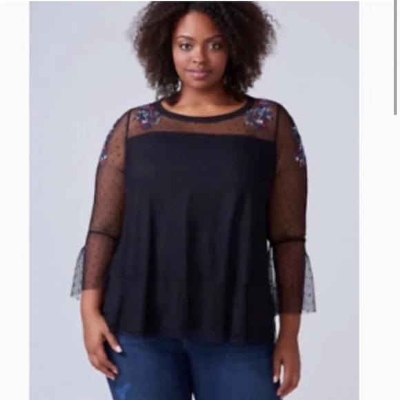 Lane Bryant Mesh Embroidered Black Blouse Sz 26/28 - Picture 3 of 16